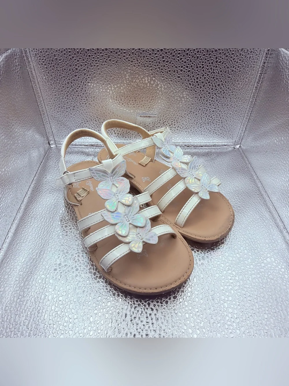 Self Esteem White Girls Sandals with Iridescent Butterfly Accents